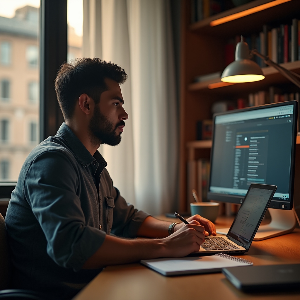 Osoba ucząca się kursu online na laptopie przy biurku z notatkami